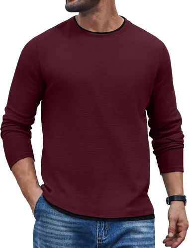 Vista 12 de COOFANDY Camisetas de manga larga para hombre, de algodón, con cuello redondo, con ribete de contraste Gris claro + ribete blanco