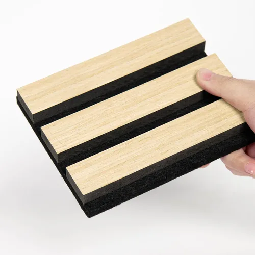 Vista 18 de SMARTSTANDARD Paneles de pared acústicos de muestra en madera, panel de pared insonorizado, panelado de listones de madera estriado en 3D para Roble