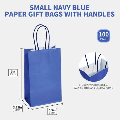 Vista 3 de DjinnGlory Paquete de 100 bolsas de regalo pequeñas de papel azul marino náutico con asas, juego a granel para graduaciones, pequeñas empresas