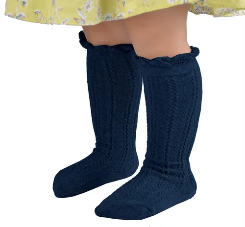 Vista 2 de Epeius - Calcetines altos de algodón para bebés y niñas, de uniforme, calcetas con vuelos (Paquete de 3 o 5)