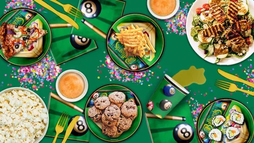 Vista 7 de Suministros de fiesta de billar – Platos de mesa de billar y servilletas – Suministros de cumpleaños para adultos – Juego de vajilla para el día