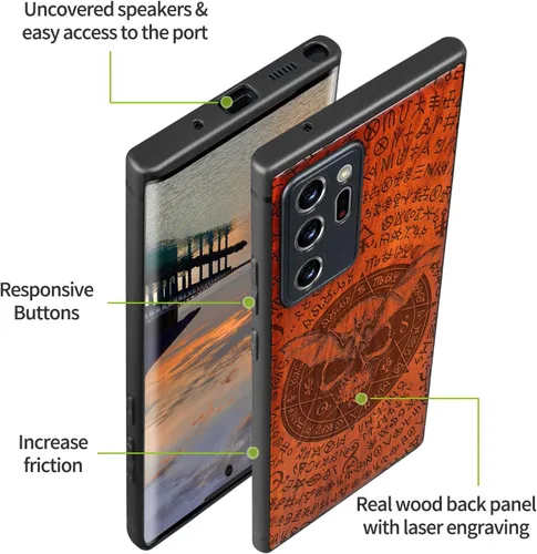 Vista 9 de Carveit Funda de madera para Galaxy Note20 Ultra [madera real dura y TPU suave negro] funda protectora de madera única compatible con Samsung Note20