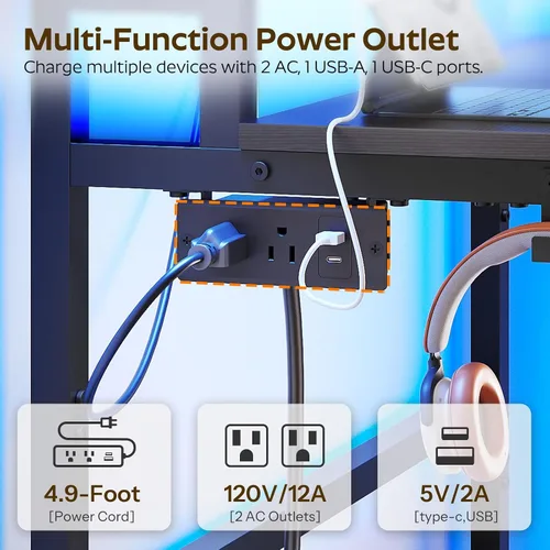 Vista 5 de YATINEY Escritorio pequeño para computadora con estación de carga y luces LED, escritorio para juegos con soporte para monitor, escritorio