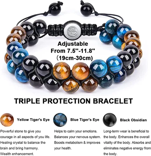 Vista 4 de Pulsera de triple protección de 0.315 in y 0.394 in para mujeres y hombres, pulsera de piedra natural, ojo de tigre natural, obsidiana y hematita