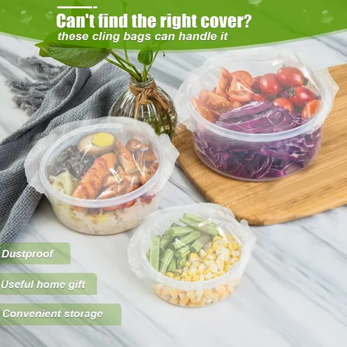 Vista 3 de Fumete 500 fundas elásticas reutilizables para almacenamiento de alimentos y 5 bolsas con cordón, transparente, blanco, material de polietileno