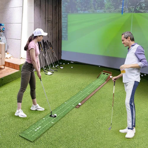 Vista 8 de Tangkula Alfombrilla de práctica de golf de 10 pies, 2/3 hoyos con retorno automático de bola para interiores y exteriores, guías de alineación y 3