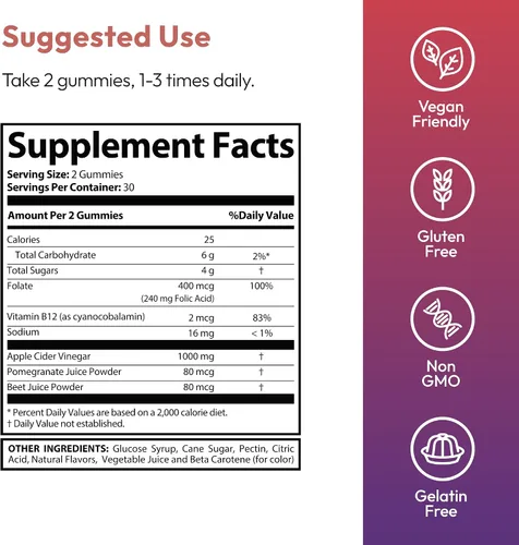 Vista 5 de Justified Laboratories Destiny Keto ACV Gummies (1000 mg) – 60 unidades – Formuladas con vinagre de sidra de manzana, folato y vitamina B12 – Sin