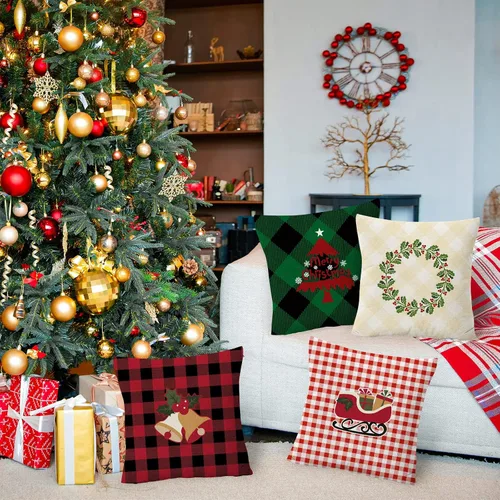 Vista 5 de YIYEA Juego de 4 fundas de almohada de terciopelo de Navidad de 16 x 16 pulgadas, fundas de almohada de terciopelo para decoraciones navideñas