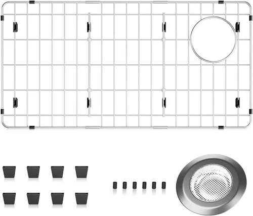 Vista 9 de Paquete de 2 rejillas de metal dorado para fregadero de cocina, 13"L X 11.6"W, protectores de fregadero de acero inoxidable con orificio de drenaje
