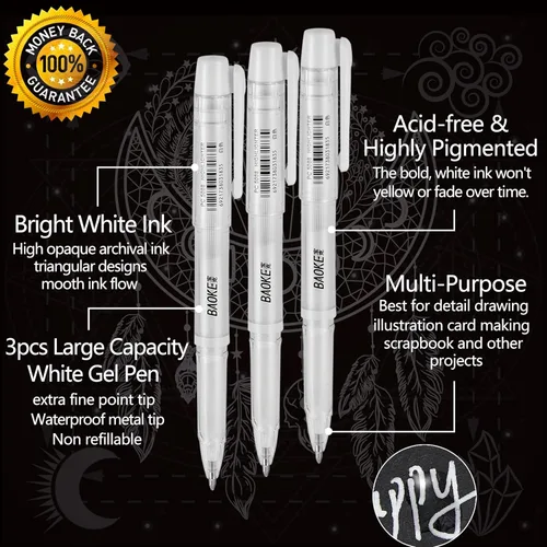 Vista 2 de Qionew Bolígrafos de gel blancos, 1mm, 0.7mm de punta fina con tinta opacas blancas archivables para dibujo en papel negro, resaltado artístico