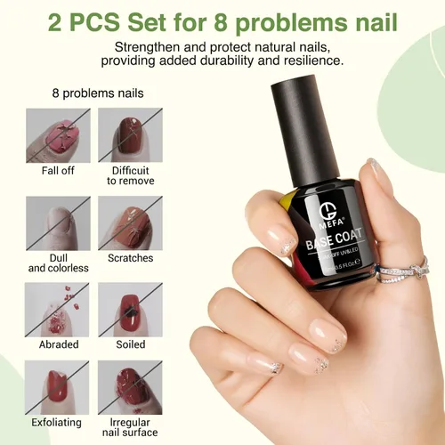 Vista 5 de MEFA Juego de 2 piezas de 15 ml de esmalte de uñas de gel, capa superior y base, esmalte de uñas de gel sin necesidad de limpieza, efecto de brillo
