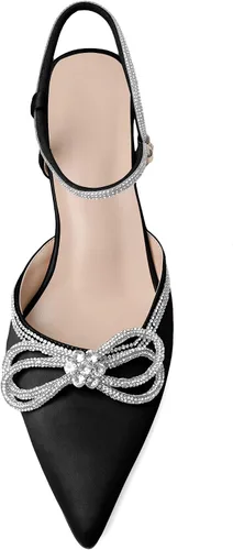 Vista 3 de Joseywade Tacones de lazo con diamantes de imitación para mujer, tacón bajo puntiagudo, correa de tobillo ajustable, zapatos de fiesta nupcial