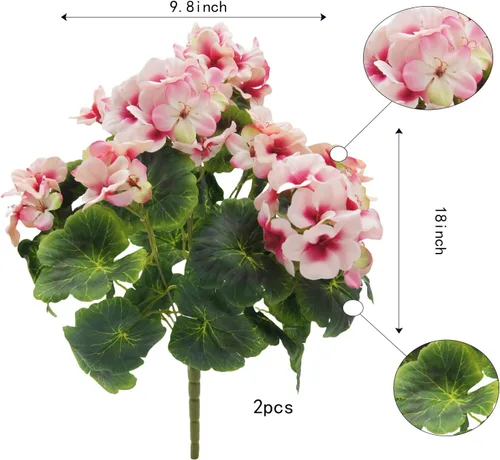 Vista 2 de 2 piezas de geranios artificiales de 18 pulgadas para exteriores, flores de geranio de seda, resistentes a los rayos UV, color rosa para bodas