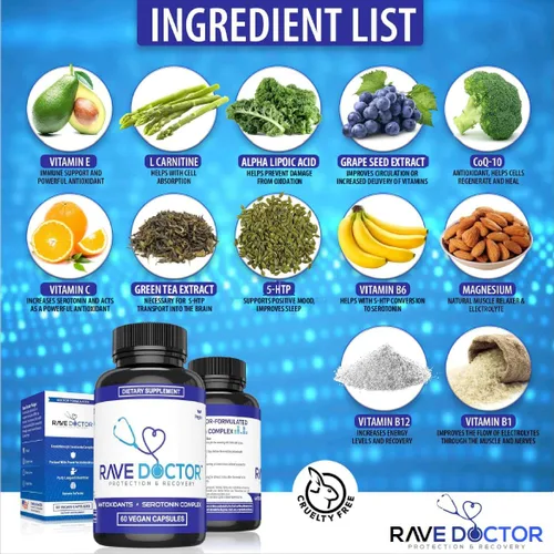 Vista 4 de Suplemento Rave Doctor 5 HTP - Vitaminas Esenciales de Rave para Asistentes a Festivales, Accesorios de Rave, Esenciales de Festival, Equipo