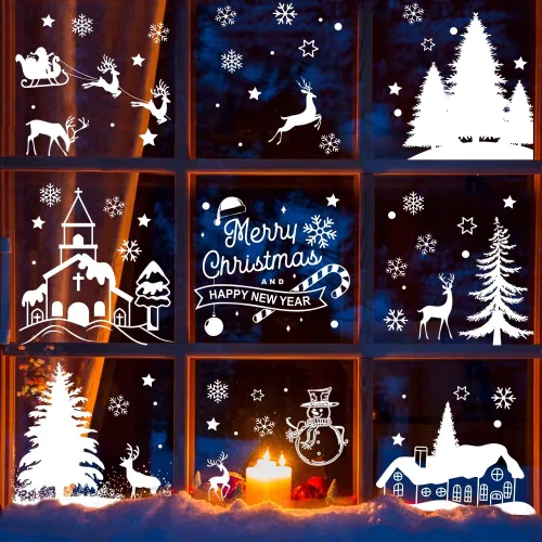 Vista 7 de GRACCEE - 9 hojas de calcomanías navideñas para ventana, diseño de árbol, muñeco de nieve, copos de nieve, renos para decoración de vidrio