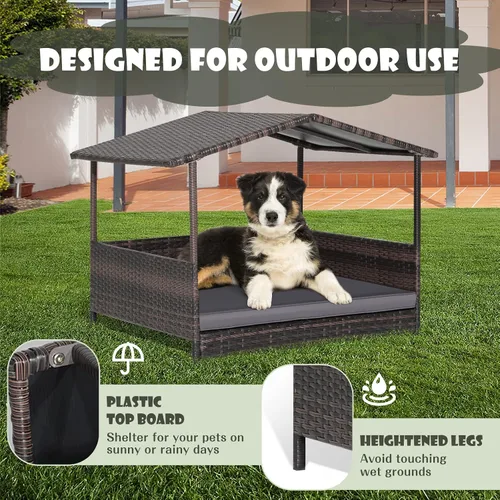Vista 2 de Giantex Casa de mimbre para perro, cama elevada de ratán para perros con techo impermeable, funda de cojín lavable, marco de acero, cama elevada