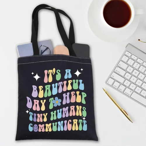 Vista 6 de ENSIANTH Patólogo del habla maestro bolsa de asas AAC SLP regalo pequeño humanos comunicar terapeuta del habla regalo de agradecimiento, Negro