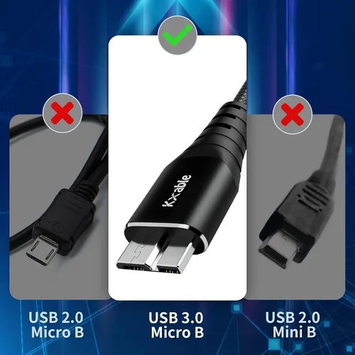 Vista 7 de Cable USB para disco duro de 1 pie (paquete de 2), cable USB A a Micro B 3.0, compatible con Western Digital WD My Passport, Toshiba, Seagate, SSD