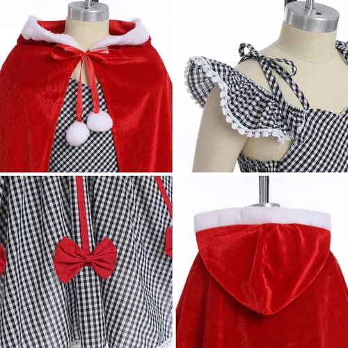 Vista 6 de OBEEII Vestido de Navidad para niños, niñas y mujeres, vestido de fiesta a cuadros y capa de terciopelo a juego para mamá y yo