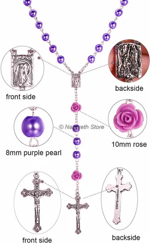 Vista 4 de Nazareth Store Collar de rosario con cuentas de perlas moradas católicas Our Rose Lourdes Medal & Cross NS