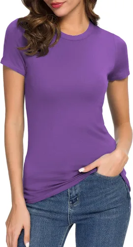 Vista 8 de Camiseta de mujer con cuello redondo, manga corta, ajustada, elástica, básica, de Urban CoCo Negro