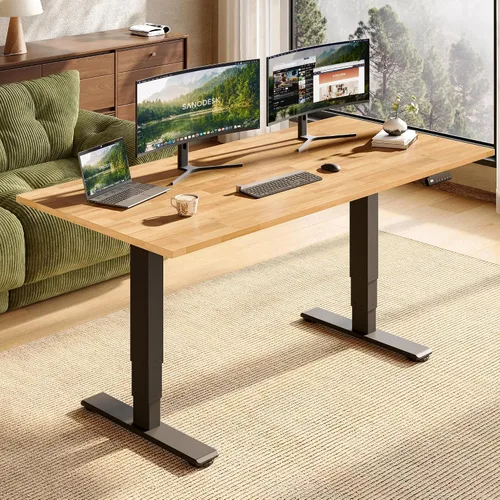Vista 10 de SANODESK Escritorio de pie de madera maciza de caucho con motor dual 48"x24 Mesa natural + marco blanco