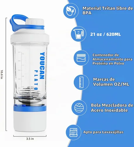Vista 3 de Botella mezcladora de proteínas de 21 onzas con contenedor de almacenamiento de polvo, tazas agitadoras para batidos de proteínas, botella para Azul