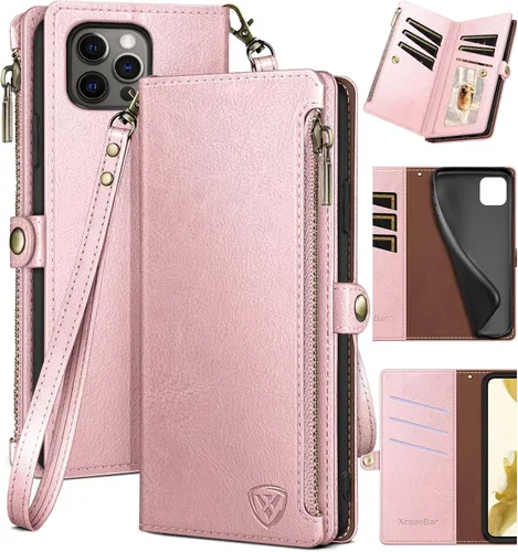 Vista 12 de XcaseBar Funda tipo cartera para iPhone 15 Pro Max de 6.7 pulgadas con cremallera para tarjetas de crédito y bloqueo RFID, funda protectora de piel