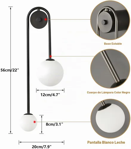 Vista 2 de Lámpara de Pared Moderna con Globo de Vidrio de 2 Luces, Aplique de Pared de Latón Doblemente Cepillado, Iluminación de Mediados de Siglo, Lámpara