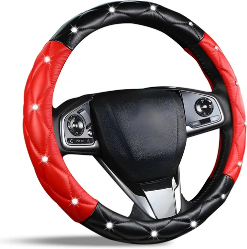 Vista 6 de Bonita funda negra brillante para volante de automóvil, suave, transpirable, antideslizante, de piel sintética, con diamantes de imitación