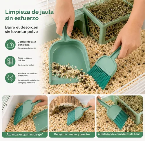 Vista 7 de Rypet Juego de mini recogedor y cepillo para limpieza de jaulas de mascotas pequeñas – Escoba de mano compacta para conejillo de indias, conejo