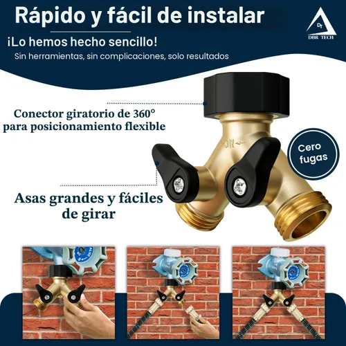 Vista 3 de Divisor de manguera de jardín de 2 vías para mangueras de jardín y césped al aire libre, accesorio de latón de metal resistente, rosca resistente a