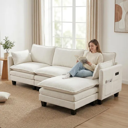 Vista 6 de Sofá modular en forma de L de 102 pulgadas con otomana, sofá de asiento profundo de felpilla de 4 asientos con almohada para sala de estar