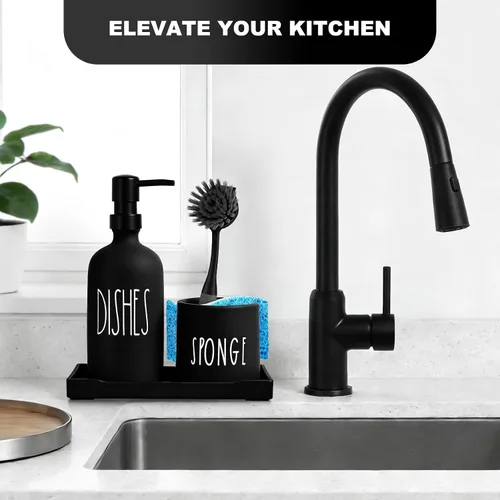 Vista 7 de Dispensador de jabón para platos para cocina, dispensador de jabón de platos de vidrio con soporte para esponja, juego de dispensador negro