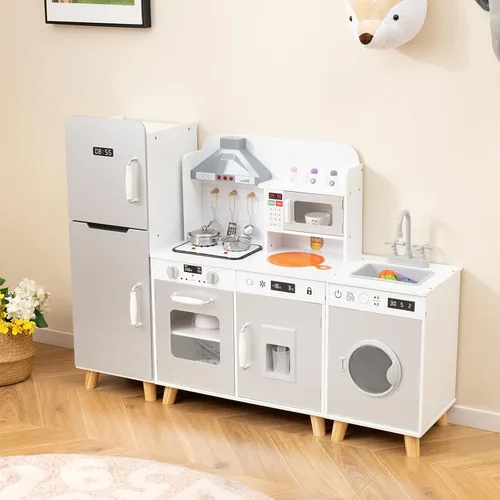 Vista 9 de Costzon Cocina de juego de 3 piezas para niños, juego de cocina de juguete de madera con refrigerador, lavadora, campana extractora, máquina