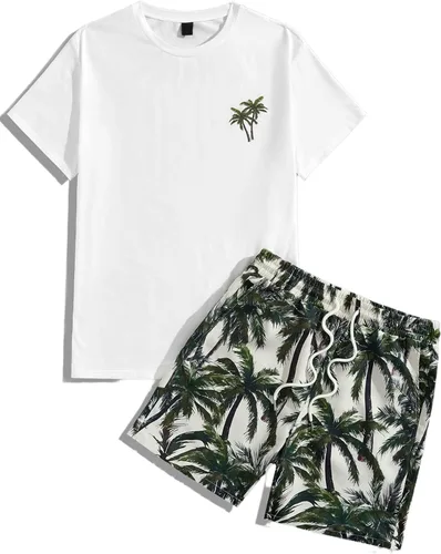 Vista 72 de GORGLITTER Conjunto de 2 piezas de camiseta gráfica de manga corta para hombre, estampado hawaiano con cordón y pantalones cortos