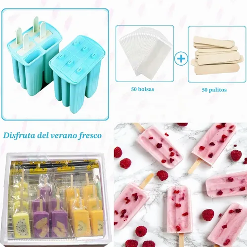 Vista 3 de Moldes de silicona para paletas con palillos, 6 cavidades, molde para helado con cepillo limpio, 6 palitos reutilizables, 50 palitos, 50 bolsas Azul