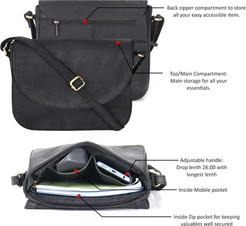 Vista 4 de Bolso bandolera de cuero genuino para mujer con correa ajustable, bolsillo para móvil y cremallera exterior e