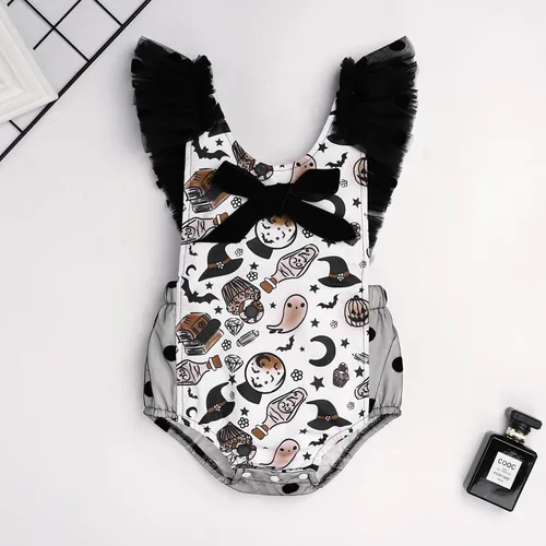 Vista 2 de IMEKIS Traje de fantasma de Halloween para niña recién nacida, mameluco de una pieza, disfraz de cosplay, sesión de fotos de cumpleaños