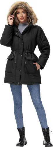 Vista 3 de Kate Kasin Abrigo de invierno con capucha para mujer, de piel sintética, parkas, para exteriores