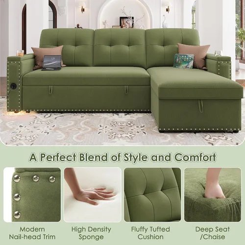 Vista 9 de HIFIT Sofá Cama Desplegable - Sofás Desplegables en Forma de L de 81" para Sala de Estar con Chaise de Almacenamiento, Reposabrazos
