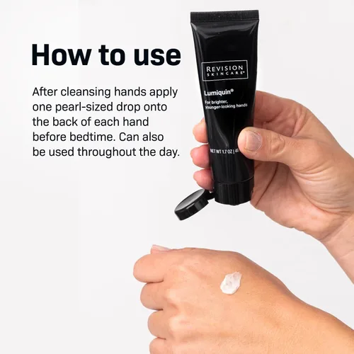 Vista 4 de Revision Skincare Lumiquin® Crema de manos, humectante de manos antienvejecimiento, apoya la barrera de humedad, aclaramiento de la piel, 1.7 oz