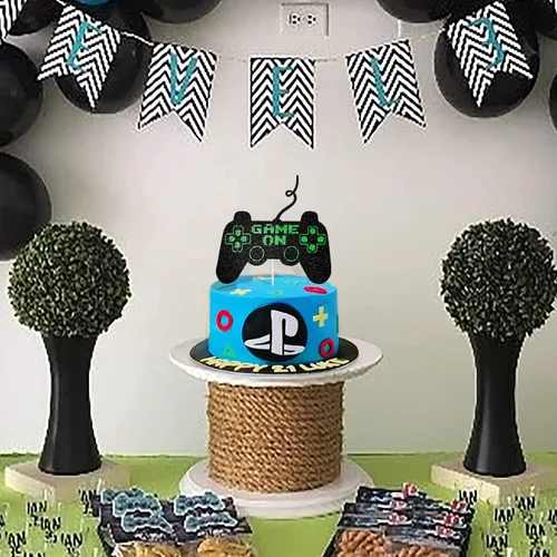 Vista 6 de Game On Big Cake Topper – Controlador de videojuegos dorado negro y verde para decoración de pasteles para niños y niños, suministros de fiesta