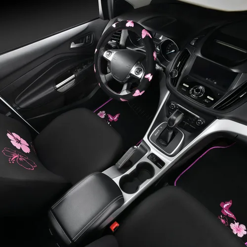 Vista 3 de CAR PASS Juego de fundas universales para asiento delantero de automóvil, diseño de flores bordadas, impermeables, fundas para volante, mariposa