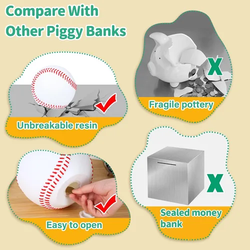 Vista 4 de H&W Alcancía de béisbol para niños, inastillable, con temática de deportes de béisbol, regalo para niños