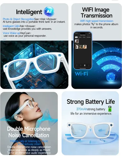 Vista 4 de Lentes inteligentes AI con cámara, gafas de cámara HD de 8 MP, 1080P de grabación de audio y video, gafas Bluetooth, asistente de voz, traducción