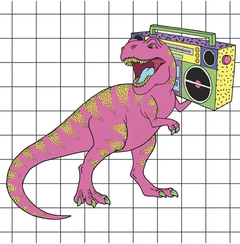 Vista 2 de Póster de dinosaurio retro laminado con texto en inglés «Totally Rad T Rex Boombox» para habitación de niños, decoración de dinosaurios para pared