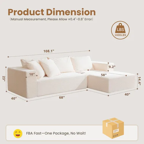 Vista 2 de Sofá modular deshuesado en forma de L de 108 pulgadas, sofá modular con otomana móvil, sofás de pana para sala de estar, sin montaje, se envía