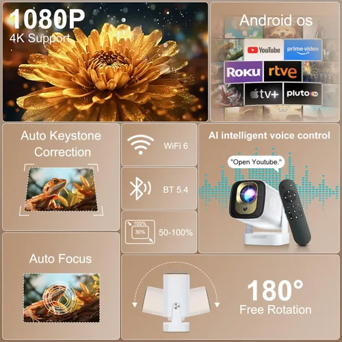 Vista 9 de Mini proyector Wifi Bluetooth, enfoque automático, nativo 1080P, soporte 4K Negro-blanco