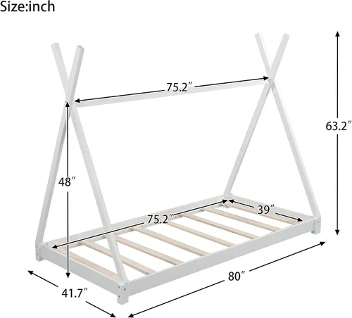 Vista 2 de Cama de plataforma de madera maciza tamaño individual con estructura triangular, marco de cama de suelo individual para niños, niñas, adolescentes